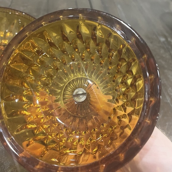 Vtg Indiana Glass Amber Candy Dish Fairy Lamp Metal Acorn Finial Mount Vernon - Picture 4 of 10